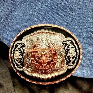 Longhorn Horseshoe bull head Western belt buckle silver and rose tone ro…